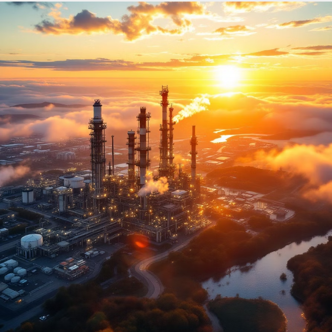 An oil refinery at sunset